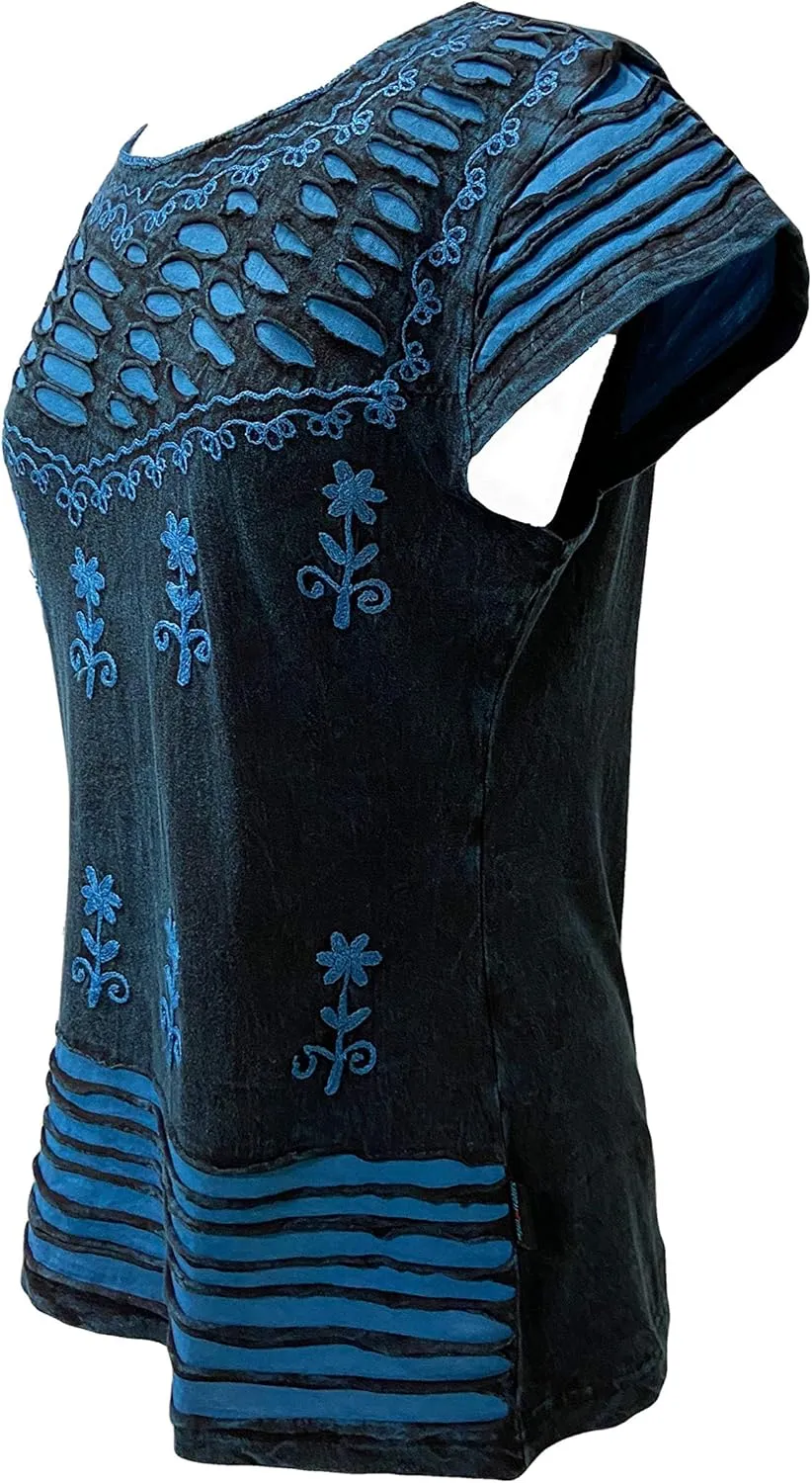 Agan Traders 2025 Summer Gypsy Cap Short Sleeve Bohemian Tops for Women - Light Weight Knit Razor Cut Embroidered Blouse