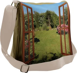 Ambesonne Garden Art Messenger Bag, Window to Fresh Backyard, Unisex Cross-body