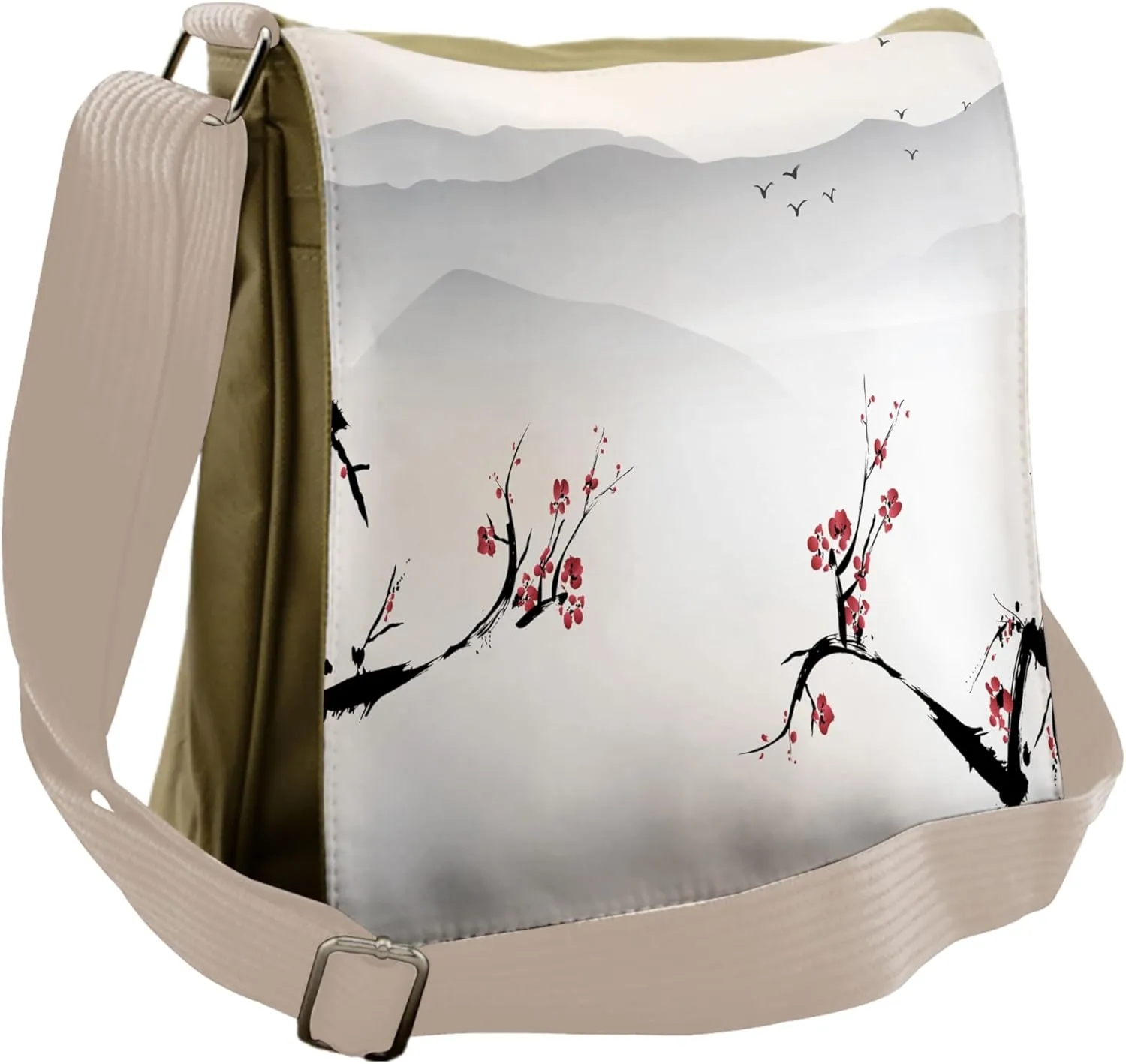 Ambesonne Nature Messenger Bag, Sakura Flower and Gulls, Unisex Cross-body