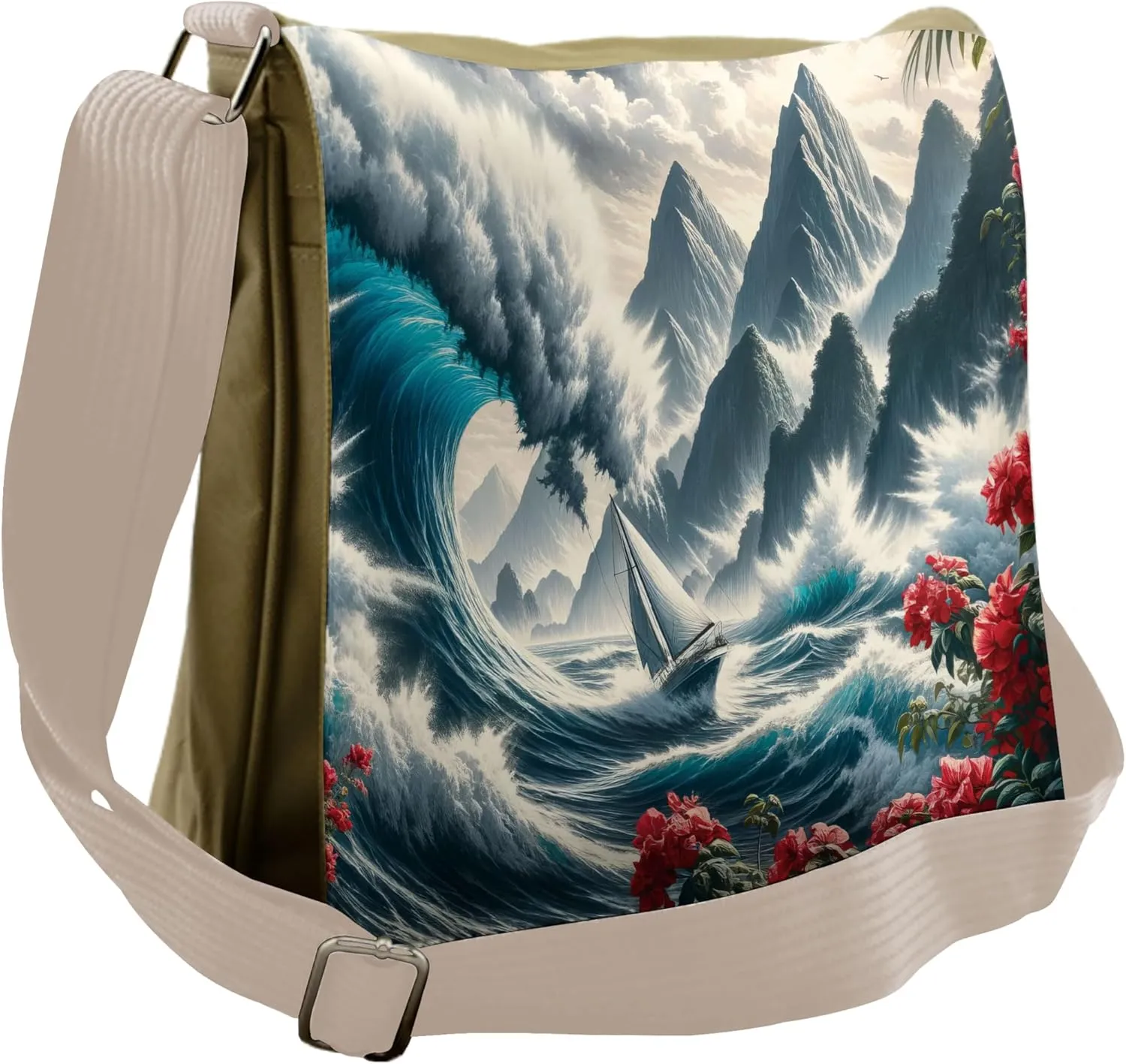 Ambesonne Nautical Messenger Bag, Boat and Crashing Waves, Unisex Cross-body