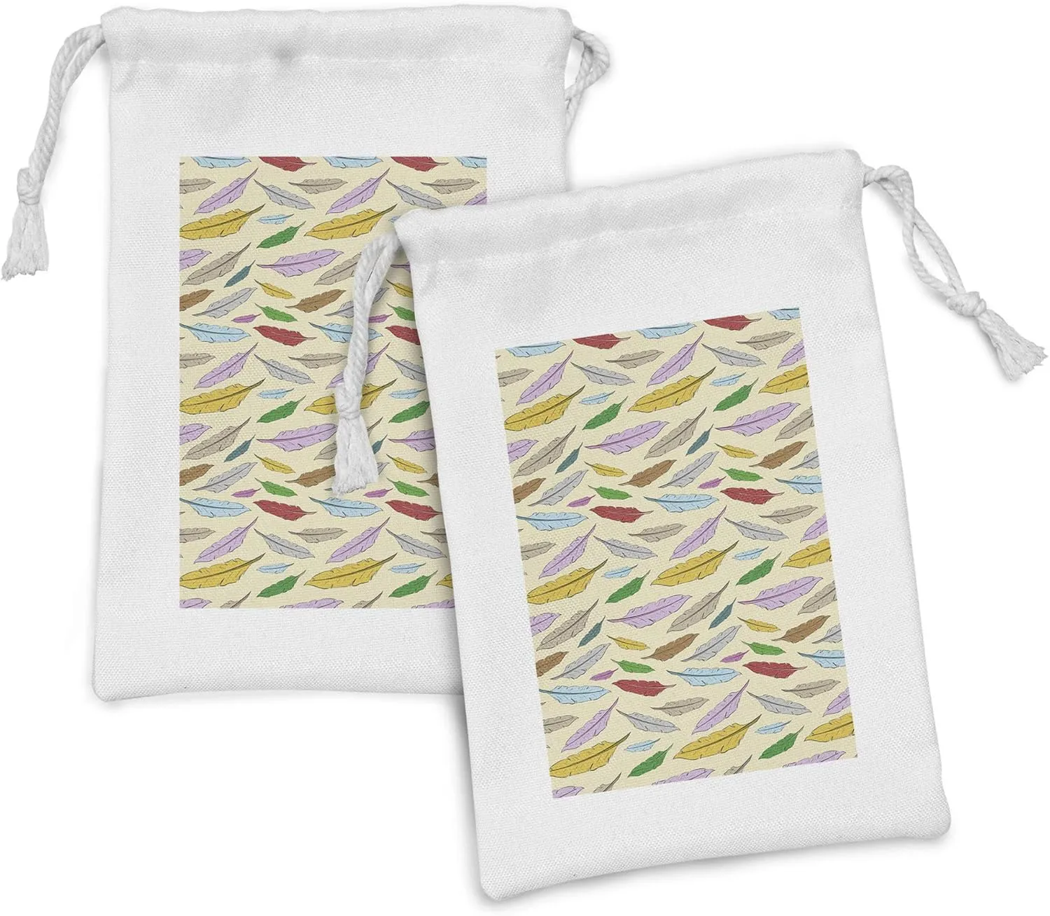 Ambesonne Retro Fabric Pouch Set of 2, Print of Cartoon Style Colorful Feathers Floating Bohemian Elements, Small Drawstring Bag for Toiletries Masks and Favors, 9" x 6", Eggshell and Multicolor