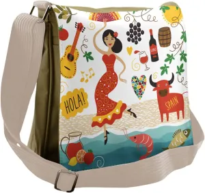 Ambesonne Spain Messenger Bag, Bull Guitar and Dancer, Unisex Cross-body