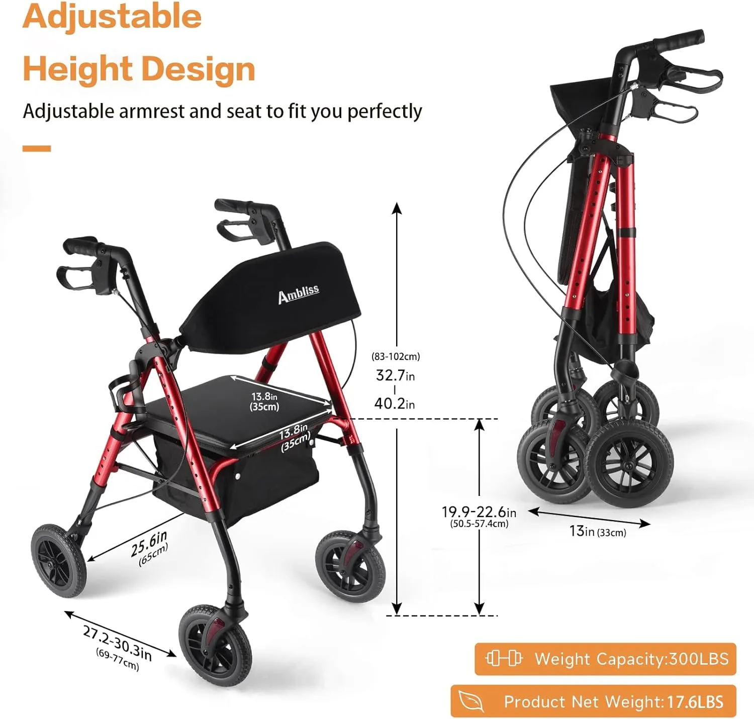 Ambliss Rollator Walkers with Seat for Seniors, 8" Wheels, 300lb. Weight Capacity, Lightweight Rolling Walkers with Basket and Wide Backrest, Height Adjustable Foldable Rollator Walker, Red