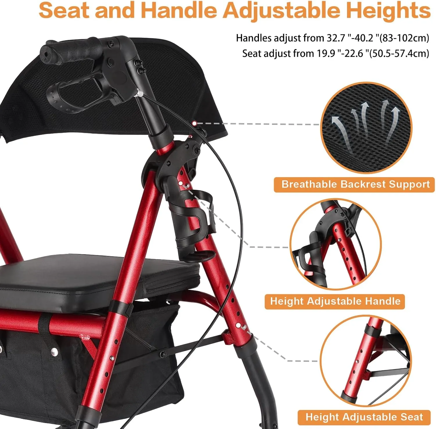 Ambliss Rollator Walkers with Seat for Seniors, 8" Wheels, 300lb. Weight Capacity, Lightweight Rolling Walkers with Basket and Wide Backrest, Height Adjustable Foldable Rollator Walker, Red