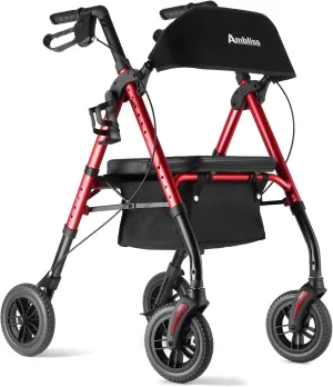 Ambliss Rollator Walkers with Seat for Seniors, 8" Wheels, 300lb. Weight Capacity, Lightweight Rolling Walkers with Basket and Wide Backrest, Height Adjustable Foldable Rollator Walker, Red