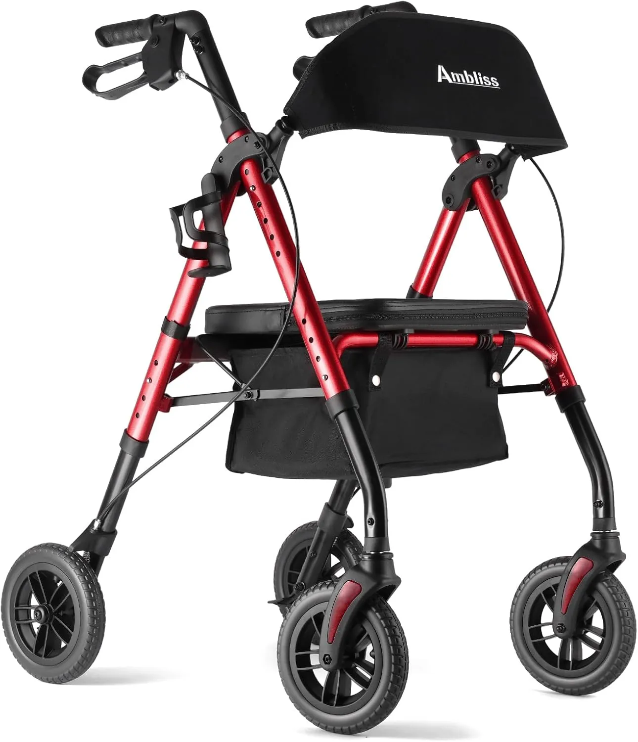 Ambliss Rollator Walkers with Seat for Seniors, 8" Wheels, 300lb. Weight Capacity, Lightweight Rolling Walkers with Basket and Wide Backrest, Height Adjustable Foldable Rollator Walker, Red
