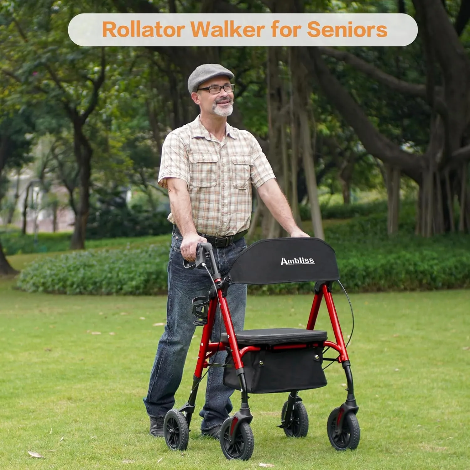 Ambliss Rollator Walkers with Seat for Seniors, 8" Wheels, 300lb. Weight Capacity, Lightweight Rolling Walkers with Basket and Wide Backrest, Height Adjustable Foldable Rollator Walker, Red