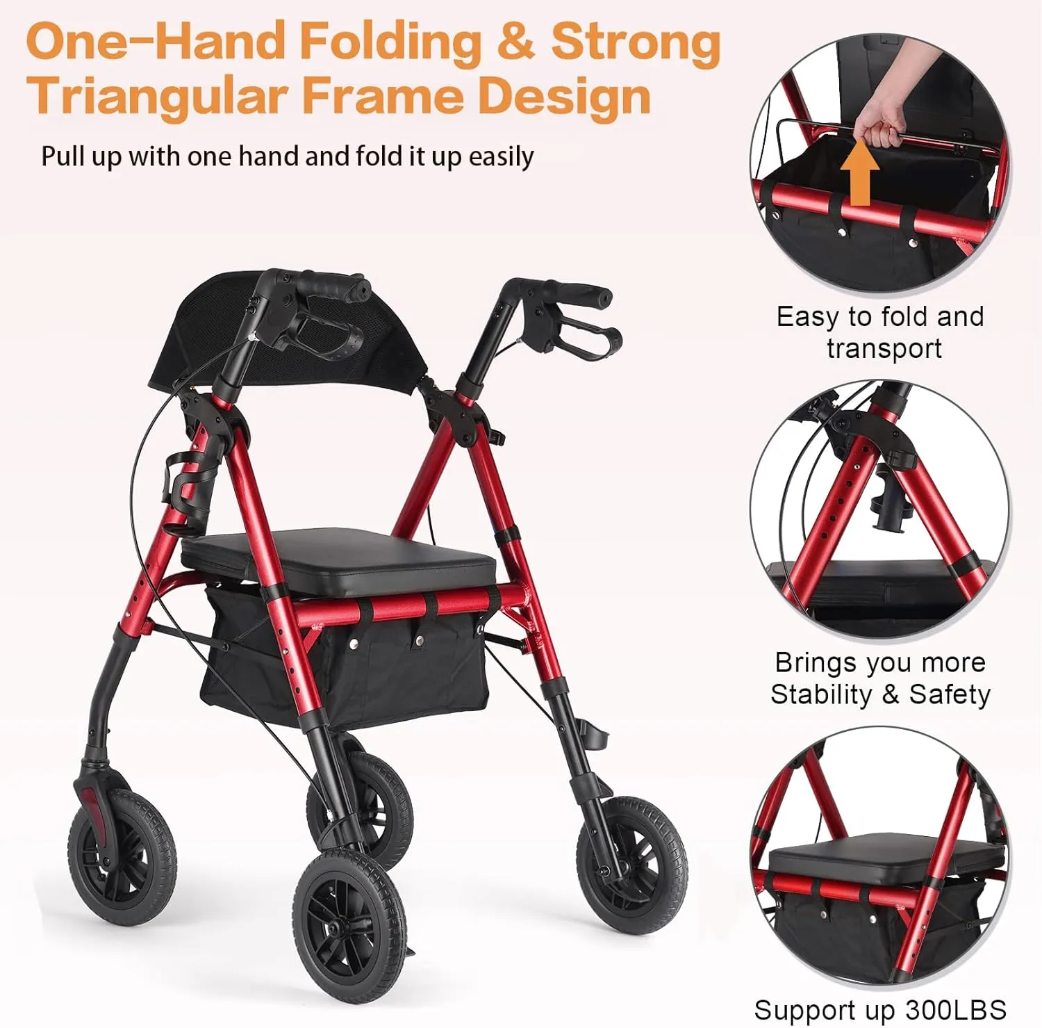Ambliss Rollator Walkers with Seat for Seniors, 8" Wheels, 300lb. Weight Capacity, Lightweight Rolling Walkers with Basket and Wide Backrest, Height Adjustable Foldable Rollator Walker, Red