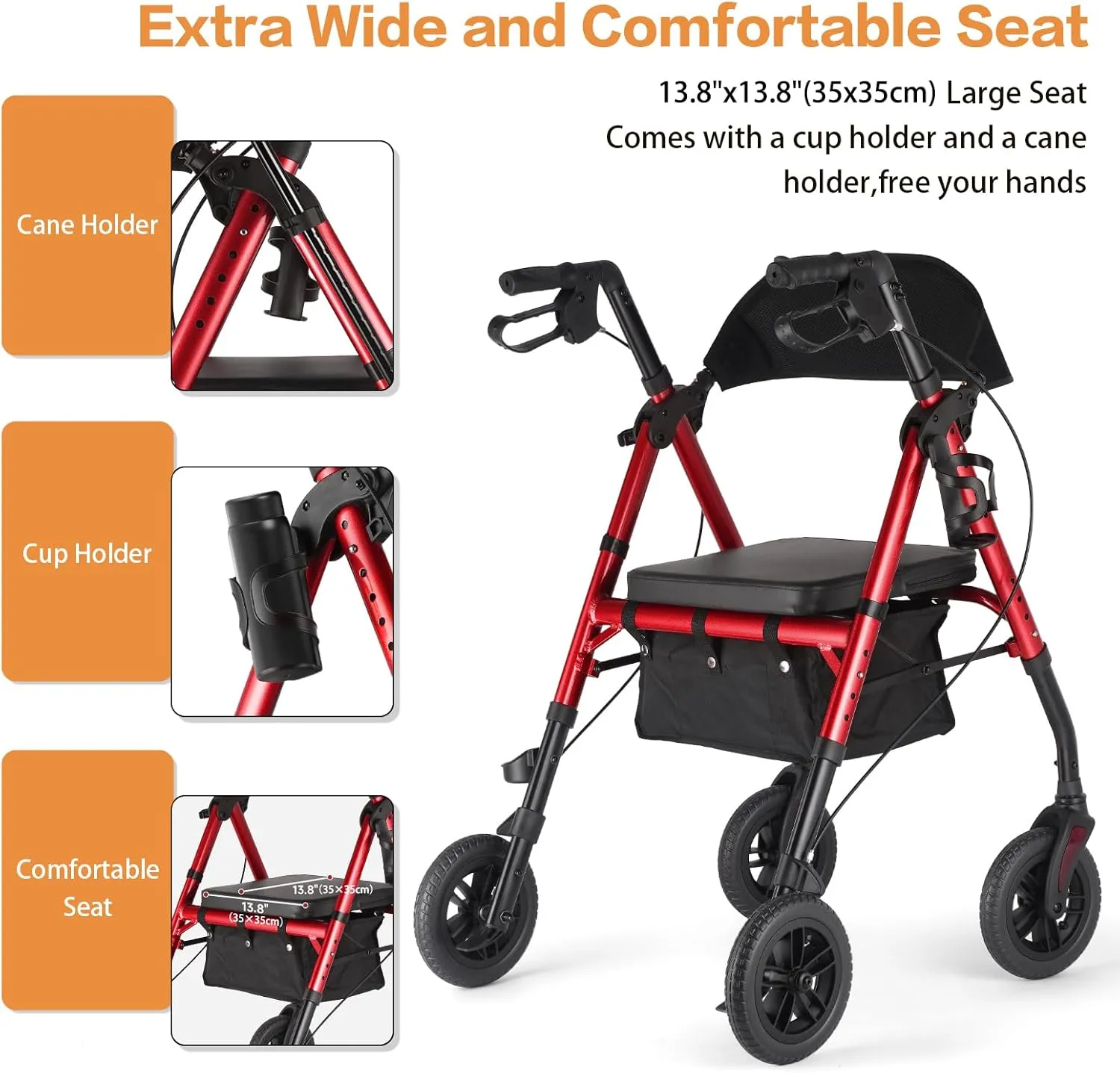 Ambliss Rollator Walkers with Seat for Seniors, 8" Wheels, 300lb. Weight Capacity, Lightweight Rolling Walkers with Basket and Wide Backrest, Height Adjustable Foldable Rollator Walker, Red
