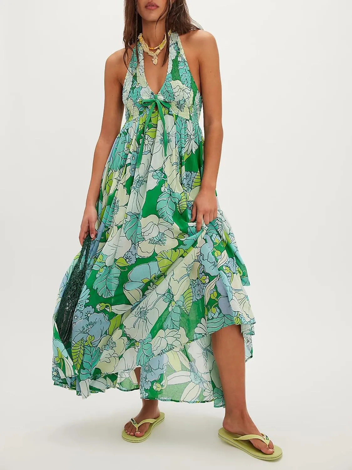 Amiblvowa Women Floral Maxi Dress Sexy Sleeveless Backless A-Line Long Flowy Dress Back Cut Out Spaghetti Strap Sundress