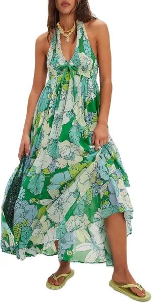 Amiblvowa Women Floral Maxi Dress Sexy Sleeveless Backless A-Line Long Flowy Dress Back Cut Out Spaghetti Strap Sundress