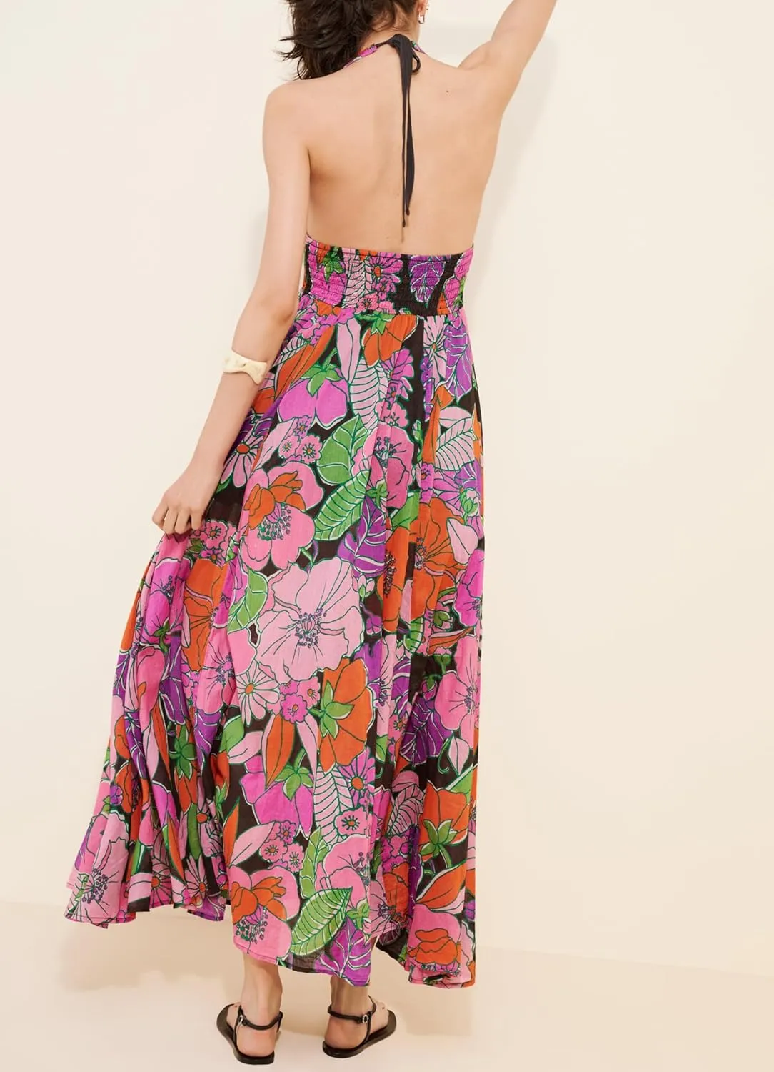 Amiblvowa Women Floral Maxi Dress Sexy Sleeveless Backless A-Line Long Flowy Dress Back Cut Out Spaghetti Strap Sundress