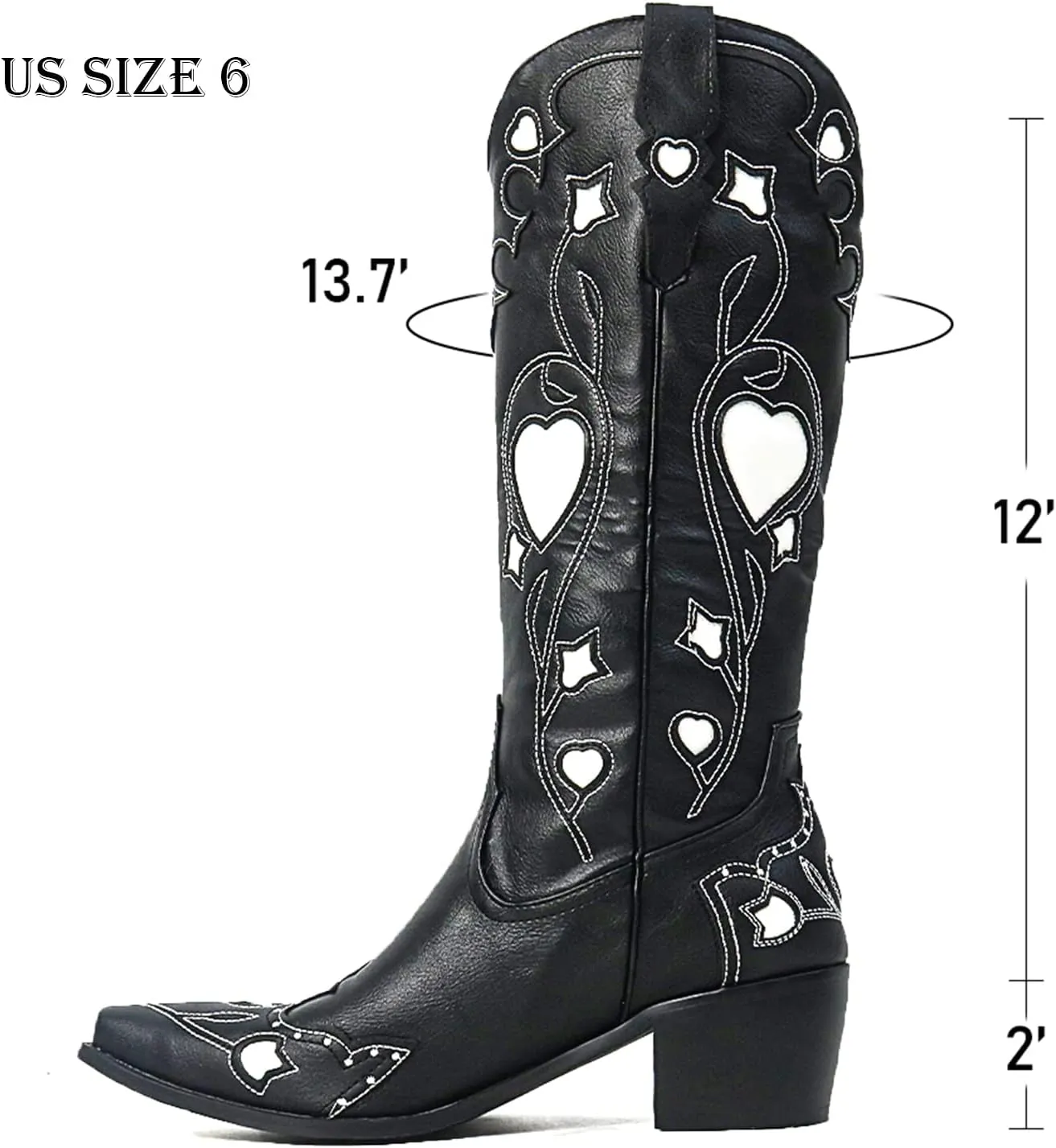 AMINUGAL Womens Mid Calf Embroidered Cut Out Cute Heart Cowgirl Boots Pull on Point Toe Chunky Heel Cowboy Boots Western Riding Boots For Women