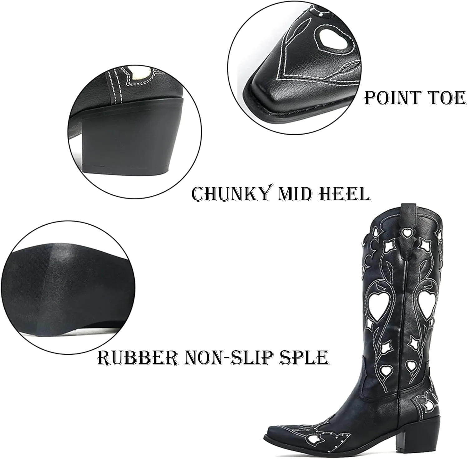 AMINUGAL Womens Mid Calf Embroidered Cut Out Cute Heart Cowgirl Boots Pull on Point Toe Chunky Heel Cowboy Boots Western Riding Boots For Women