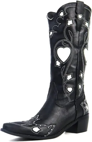 AMINUGAL Womens Mid Calf Embroidered Cut Out Cute Heart Cowgirl Boots Pull on Point Toe Chunky Heel Cowboy Boots Western Riding Boots For Women