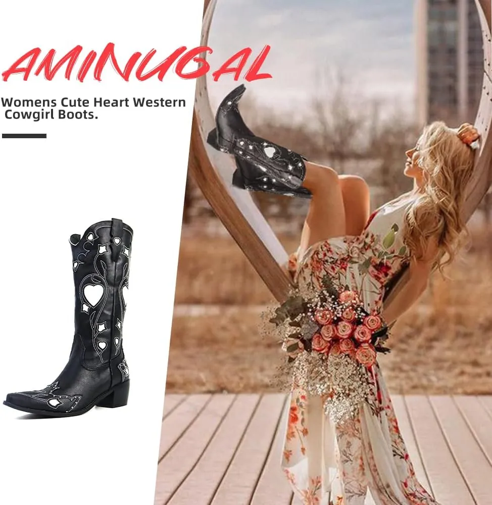 AMINUGAL Womens Mid Calf Embroidered Cut Out Cute Heart Cowgirl Boots Pull on Point Toe Chunky Heel Cowboy Boots Western Riding Boots For Women