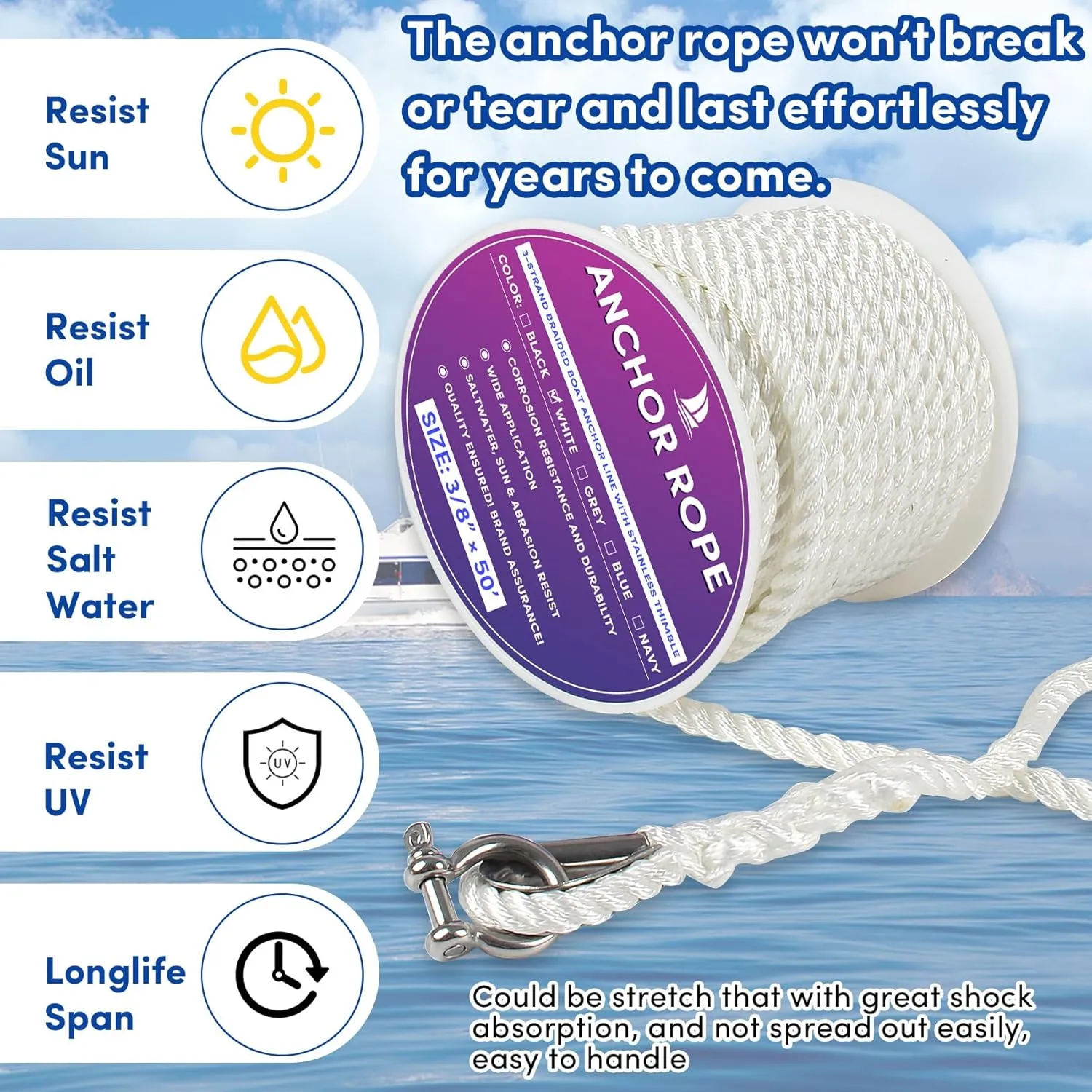 Anchor Rope 50 ft x 3/8 inch White, 3 Strand Anchor Line Boat Rope with Stainless Steel Thimble & Shackle, for Boats Up to 27'
