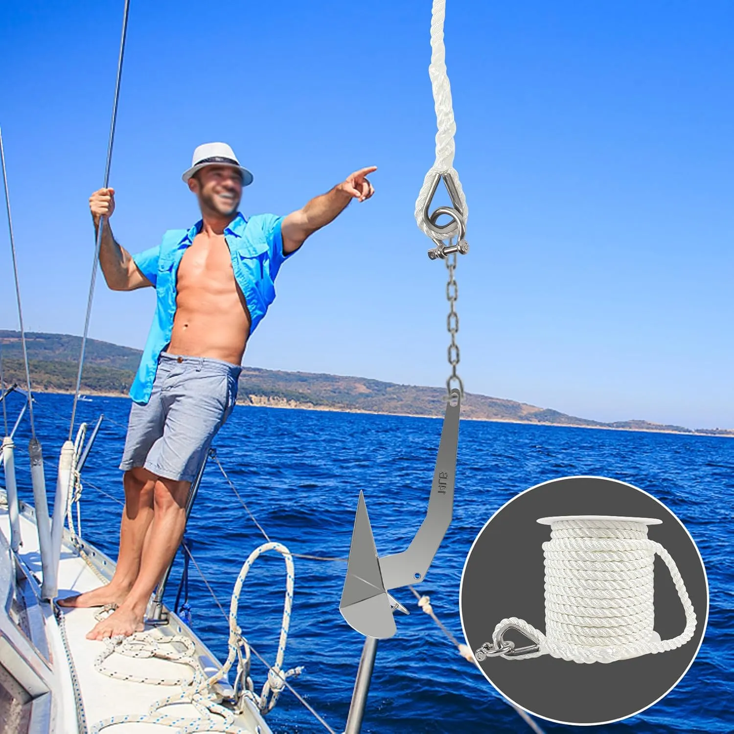 Anchor Rope 50 ft x 3/8 inch White, 3 Strand Anchor Line Boat Rope with Stainless Steel Thimble & Shackle, for Boats Up to 27'