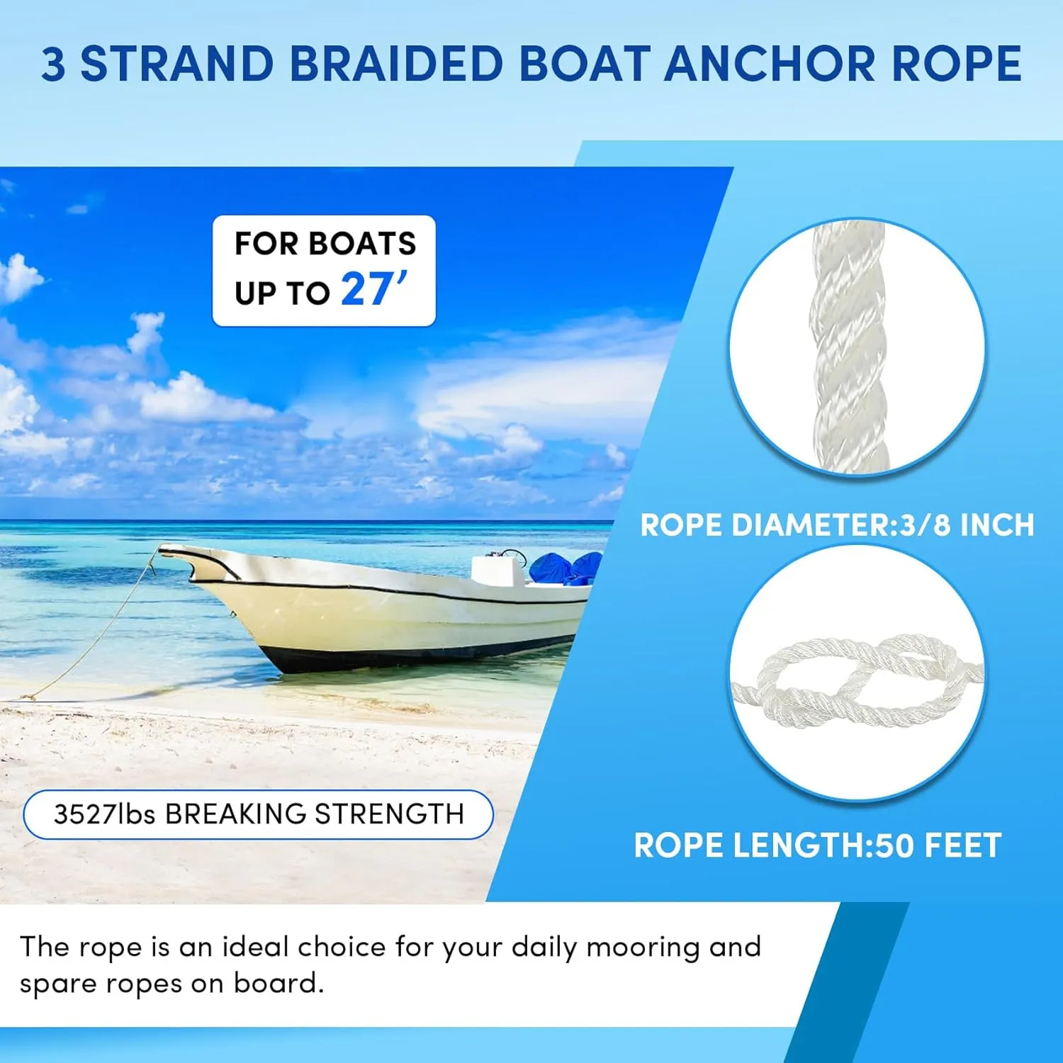 Anchor Rope 50 ft x 3/8 inch White, 3 Strand Anchor Line Boat Rope with Stainless Steel Thimble & Shackle, for Boats Up to 27'