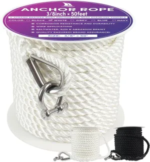 Anchor Rope 50 ft x 3/8 inch White, 3 Strand Anchor Line Boat Rope with Stainless Steel Thimble & Shackle, for Boats Up to 27'