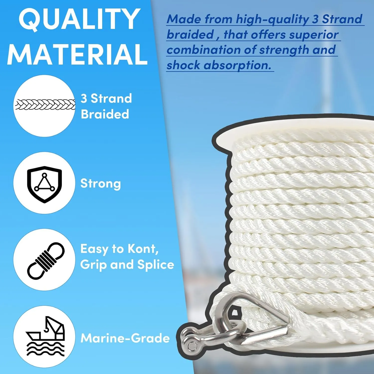 Anchor Rope 50 ft x 3/8 inch White, 3 Strand Anchor Line Boat Rope with Stainless Steel Thimble & Shackle, for Boats Up to 27'