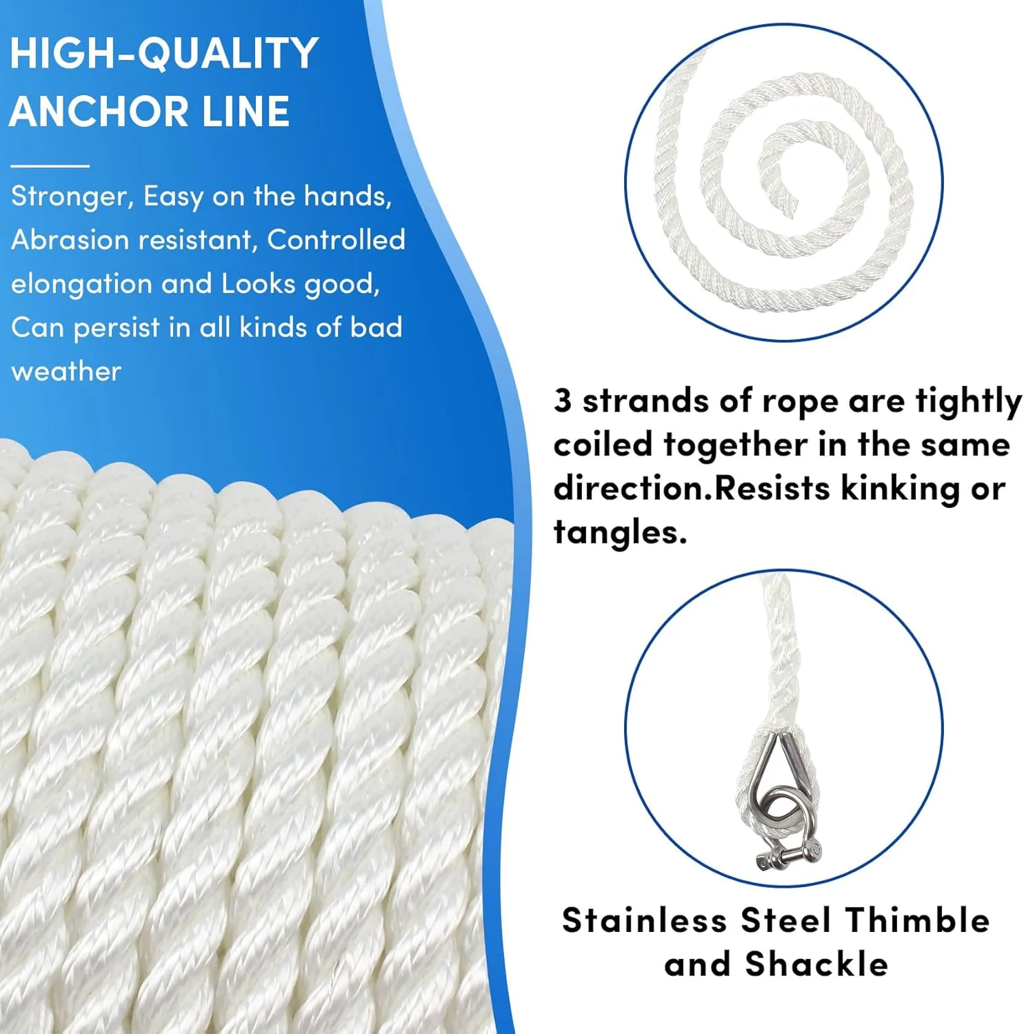 Anchor Rope 50 ft x 3/8 inch White, 3 Strand Anchor Line Boat Rope with Stainless Steel Thimble & Shackle, for Boats Up to 27'