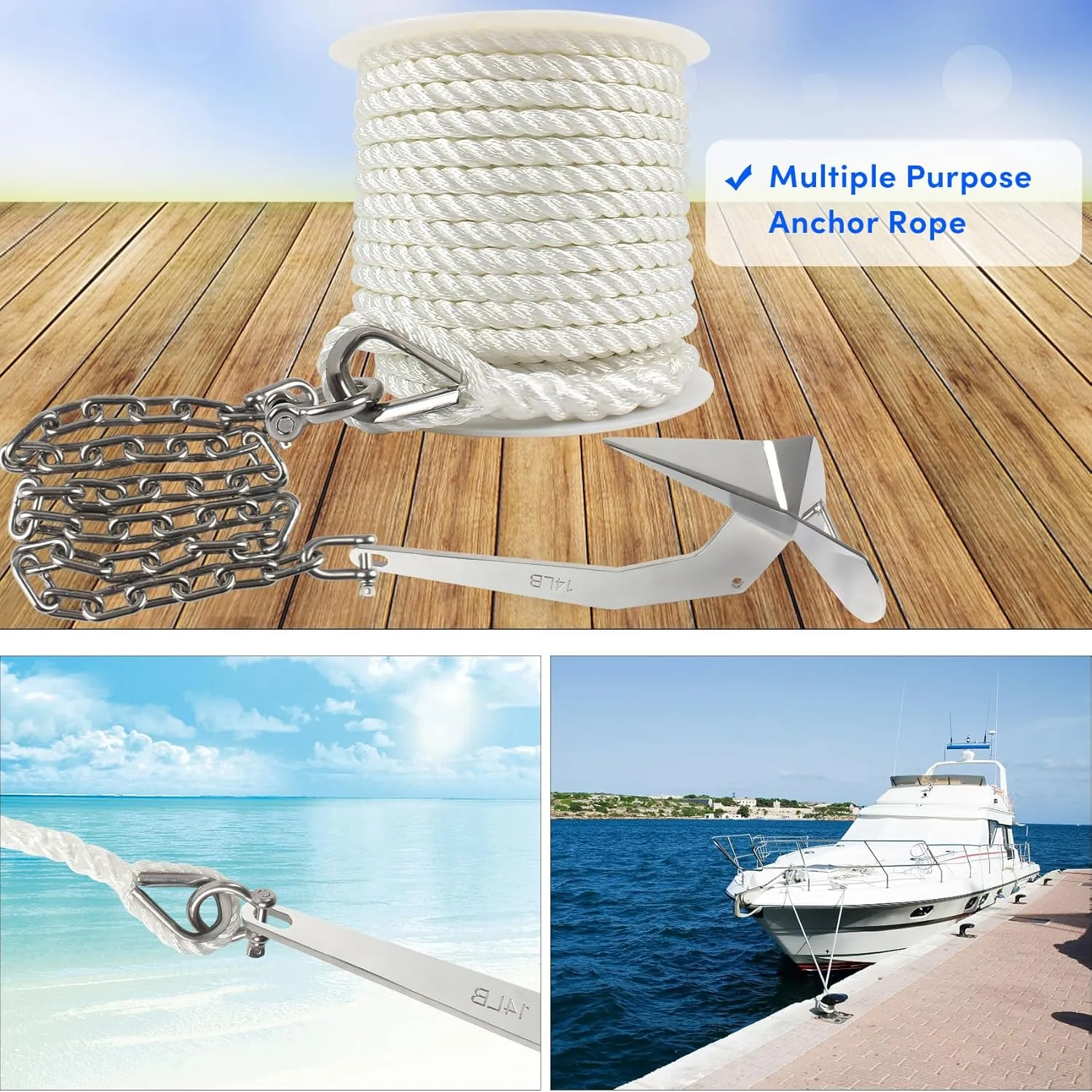 Anchor Rope 50 ft x 3/8 inch White, 3 Strand Anchor Line Boat Rope with Stainless Steel Thimble & Shackle, for Boats Up to 27'