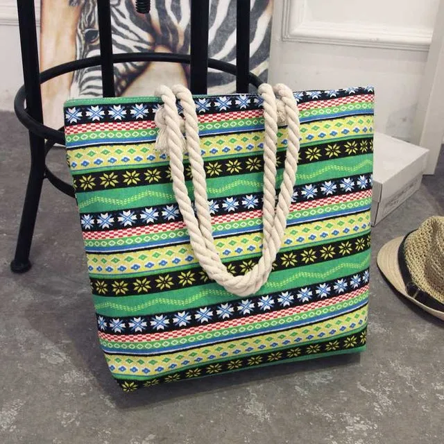 Anderi New Summer Women Canvas bohemian style strip Shoulder Beach Bag Female Casual Tote Shopping Big Bag floral Messenger Bags