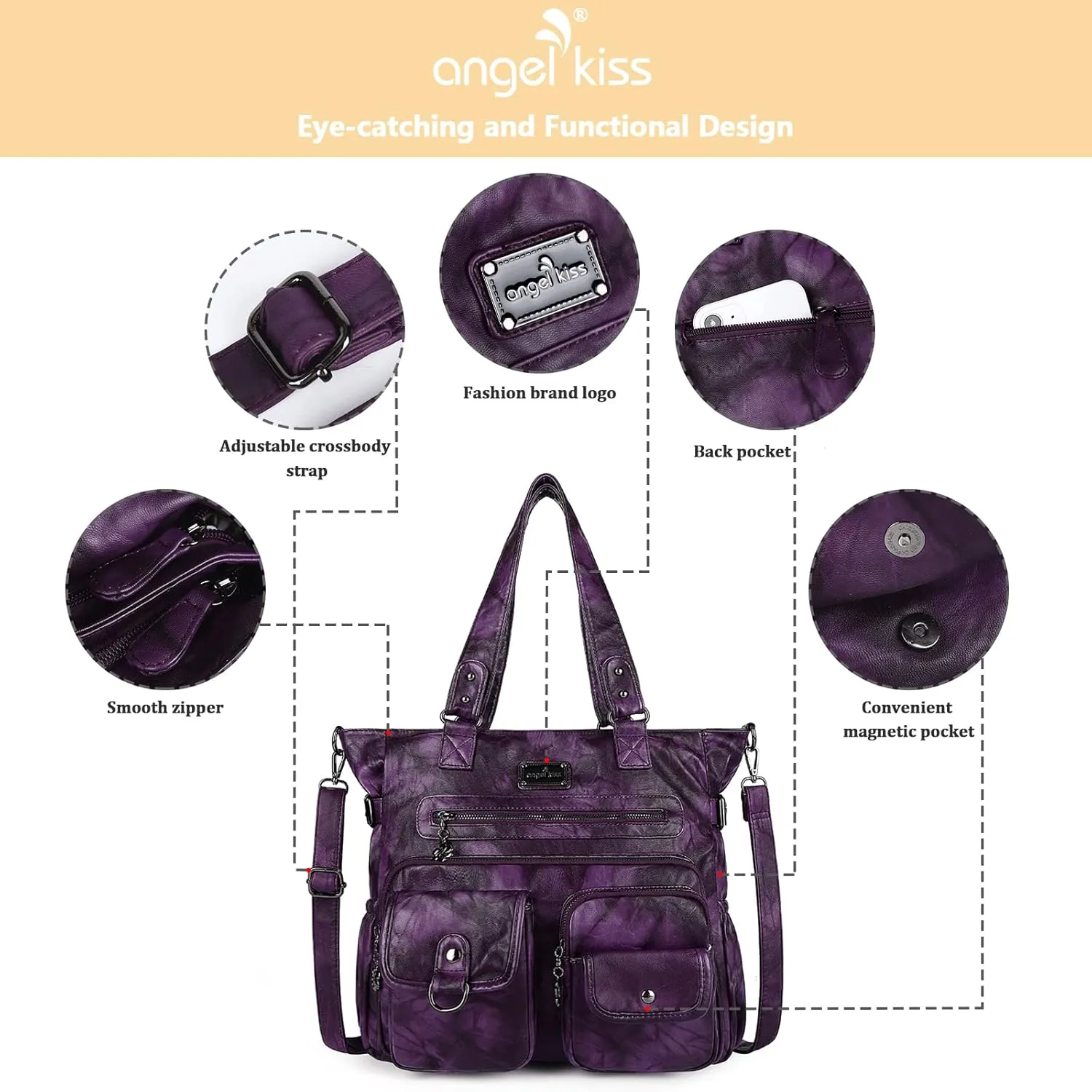 Angelkiss Purses Handbags for Women PU Tote Satchel Bags for Women Pockets Shoulder Bags…