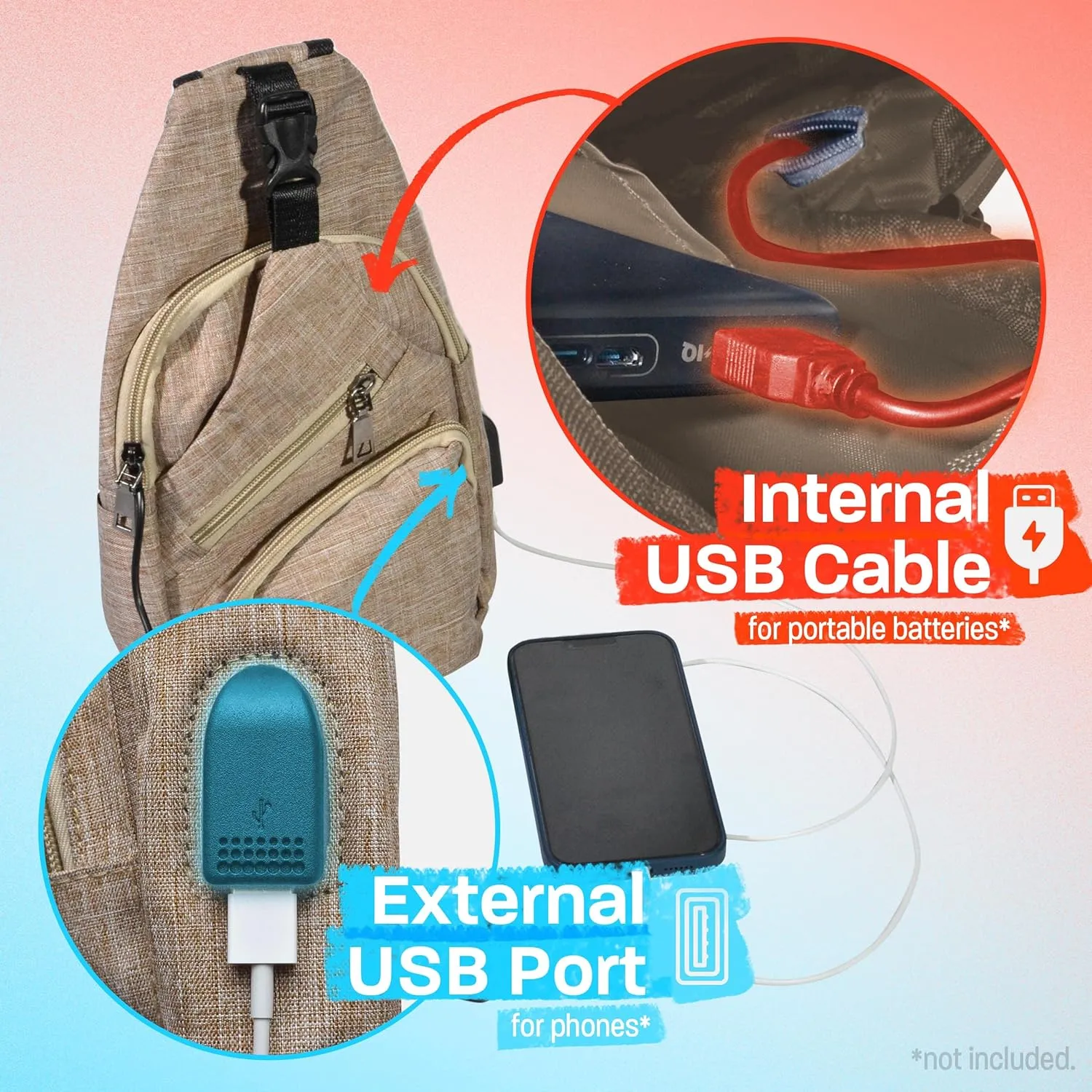 Anti-Theft Daypack Crossbody Sling Backpack, USB Charging Connector Port, Lightweight Day Pack for Travel, Hiking, Everyday, Regular, Gray