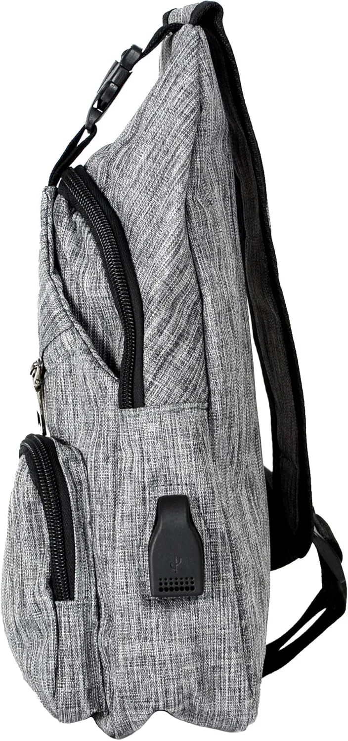 Anti-Theft Daypack Crossbody Sling Backpack, USB Charging Connector Port, Lightweight Day Pack for Travel, Hiking, Everyday, Regular, Gray