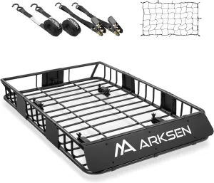 ARKSEN 54 x 34 x 6 Inch Universal Roof Rack with Extension, Cargo Net, 2 Straps, 250 LBS Heavy Duty Capacity Rooftop Cargo Basket for SUV, Truck, RV, Pickup