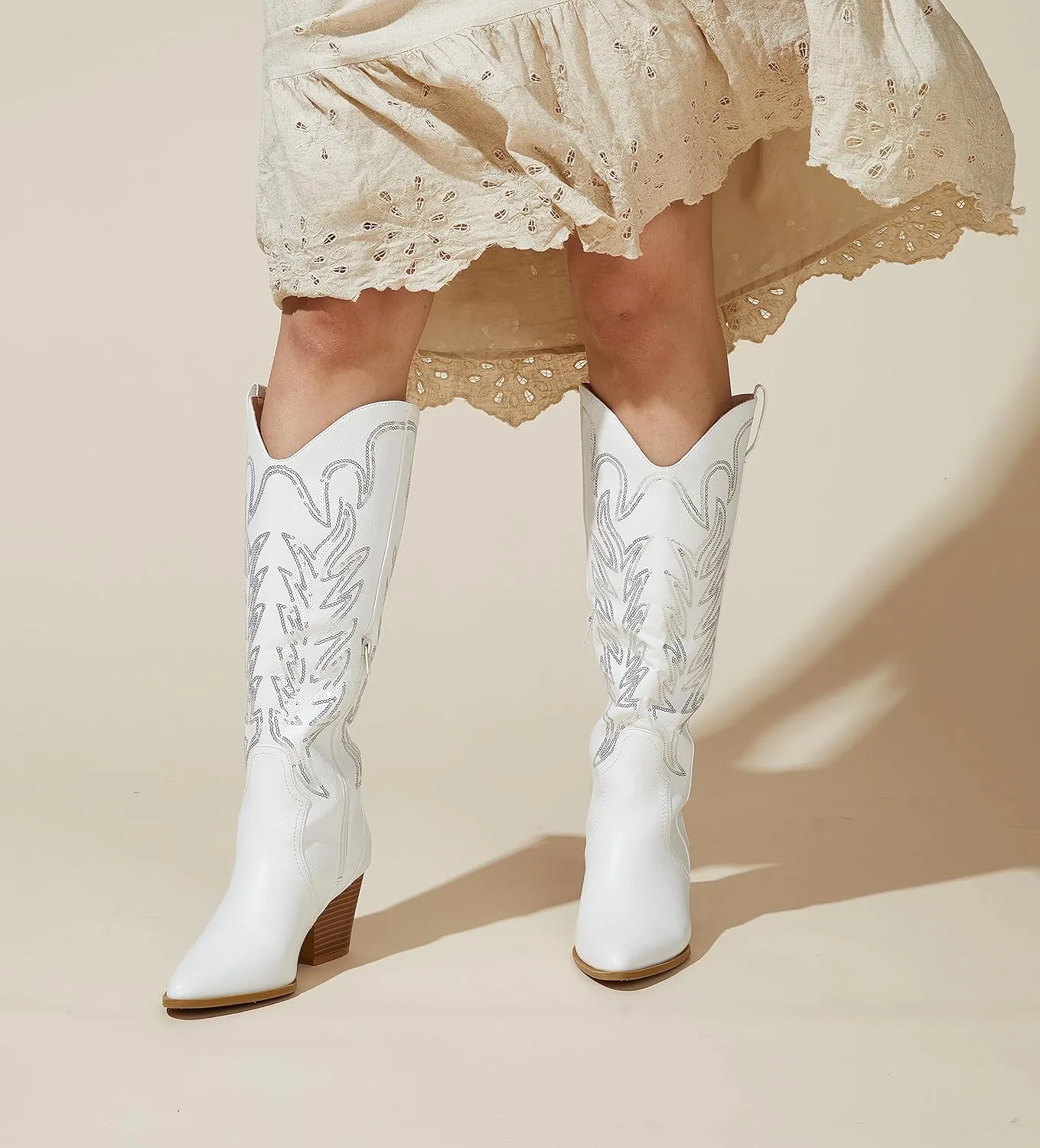 Arromic Cowboy Boots for Women Comfortable Womens Embroidered Western Cowgirl Knee High Boots Pointed Toe Zipper Chunky Heel Country Outfit Retro Tall Boots