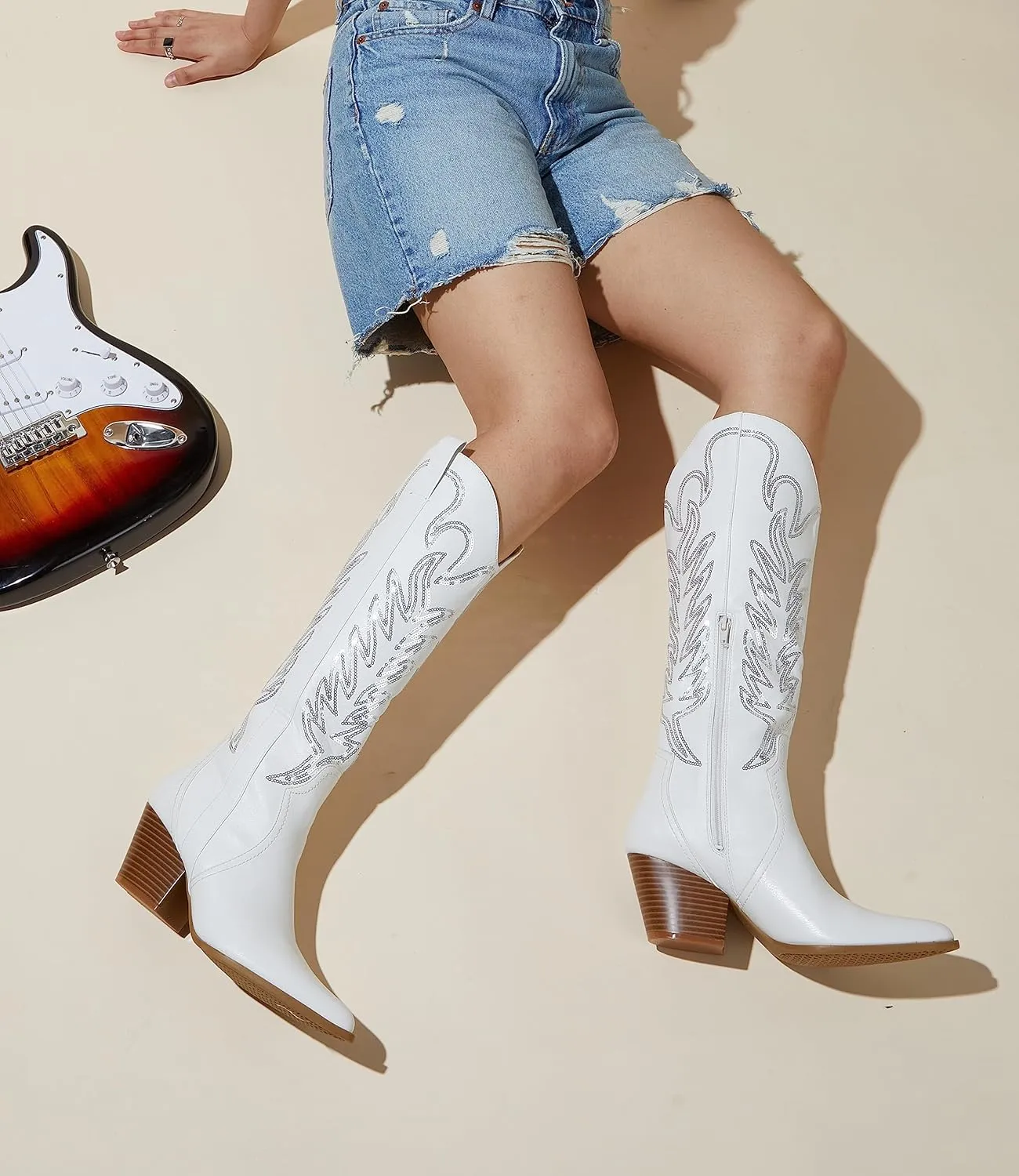 Arromic Cowboy Boots for Women Comfortable Womens Embroidered Western Cowgirl Knee High Boots Pointed Toe Zipper Chunky Heel Country Outfit Retro Tall Boots