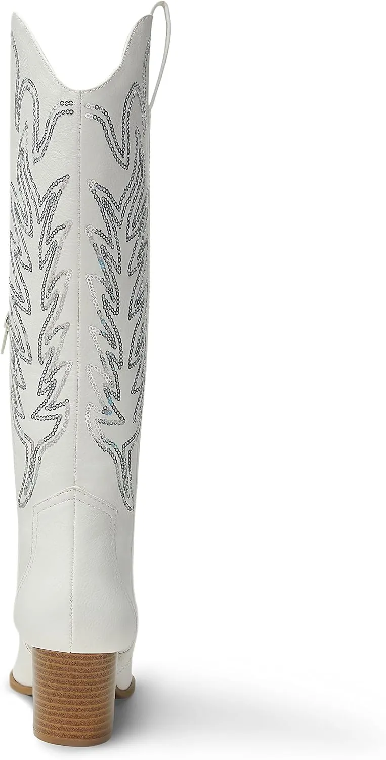 Arromic Cowboy Boots for Women Comfortable Womens Embroidered Western Cowgirl Knee High Boots Pointed Toe Zipper Chunky Heel Country Outfit Retro Tall Boots