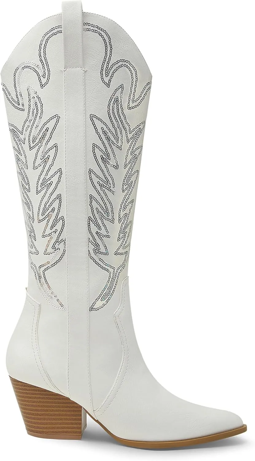 Arromic Cowboy Boots for Women Comfortable Womens Embroidered Western Cowgirl Knee High Boots Pointed Toe Zipper Chunky Heel Country Outfit Retro Tall Boots