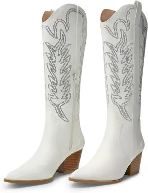 Arromic Cowboy Boots for Women Comfortable Womens Embroidered Western Cowgirl Knee High Boots Pointed Toe Zipper Chunky Heel Country Outfit Retro Tall Boots