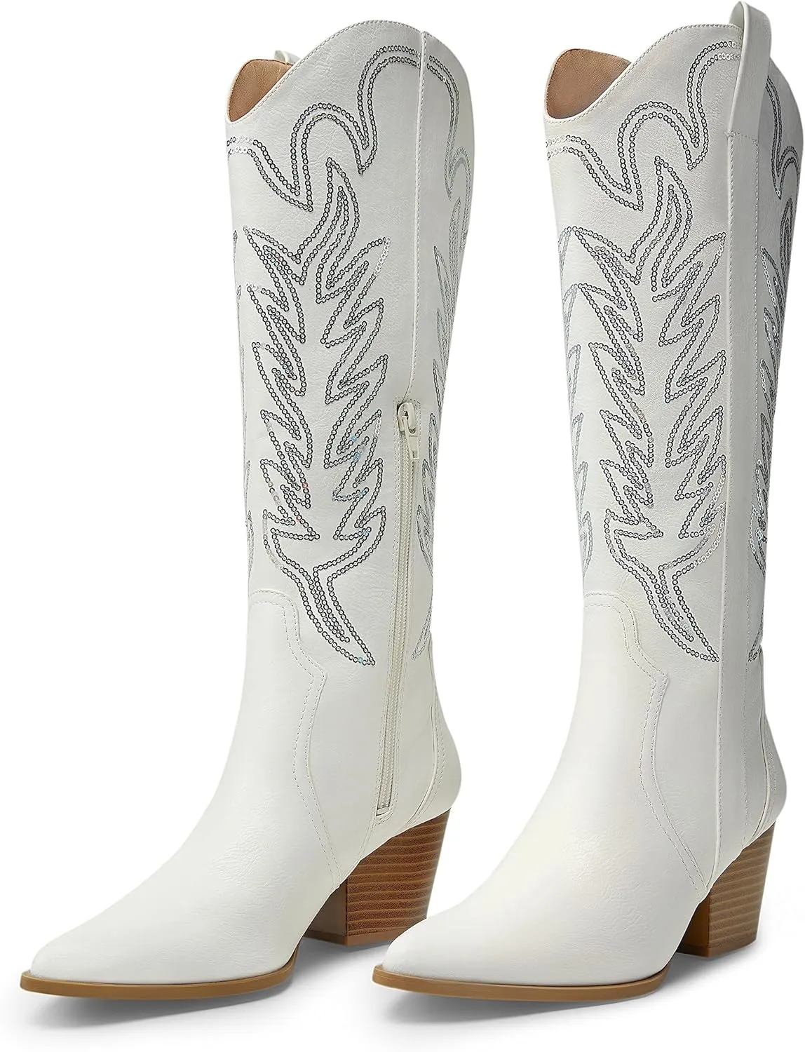 Arromic Cowboy Boots for Women Comfortable Womens Embroidered Western Cowgirl Knee High Boots Pointed Toe Zipper Chunky Heel Country Outfit Retro Tall Boots