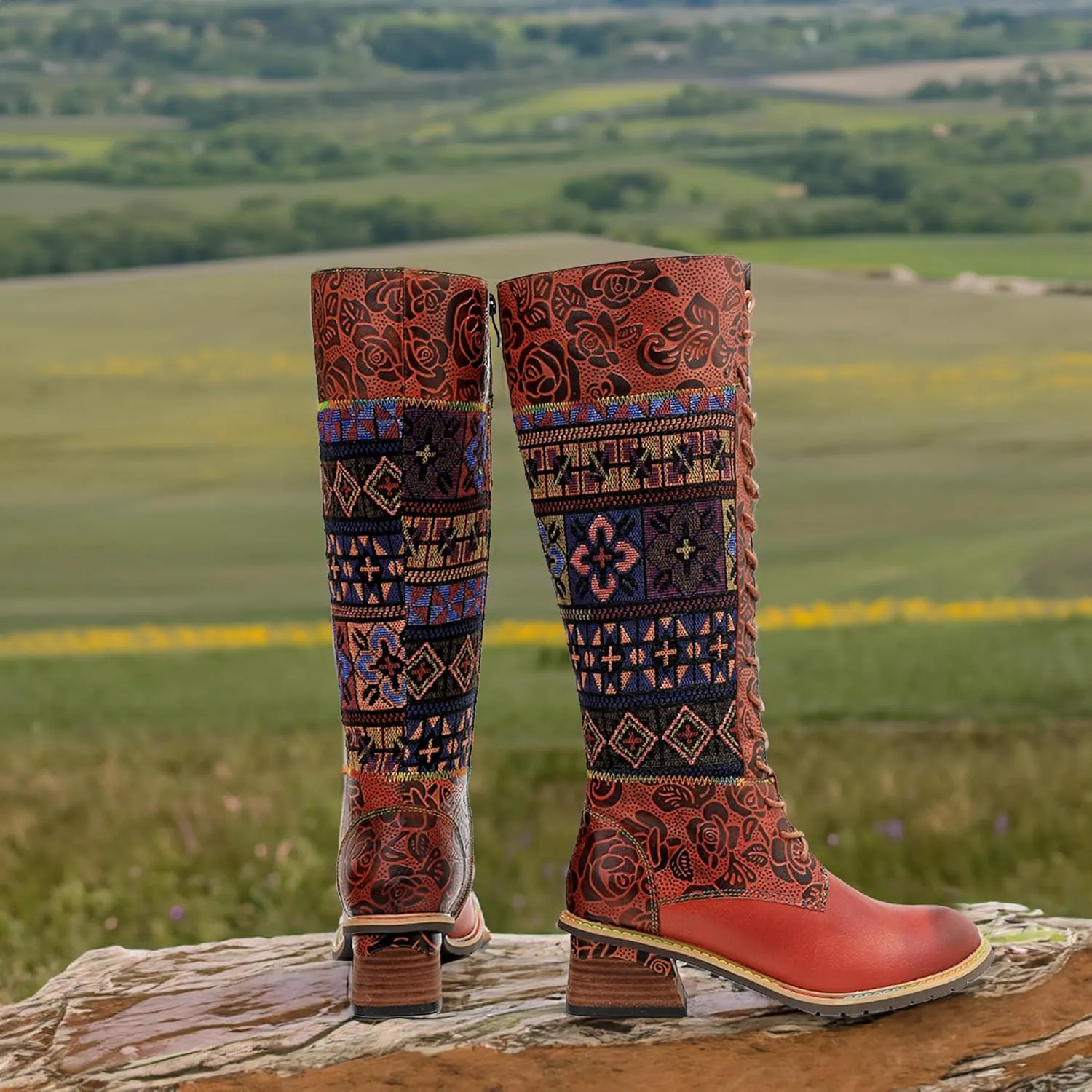 Artisan Handmade Women's Cowboy and Knight Boots - High Heels and Flat Bottoms Genuine Sheepskin, Ethnic and Vintage Style for Ladies and Girls