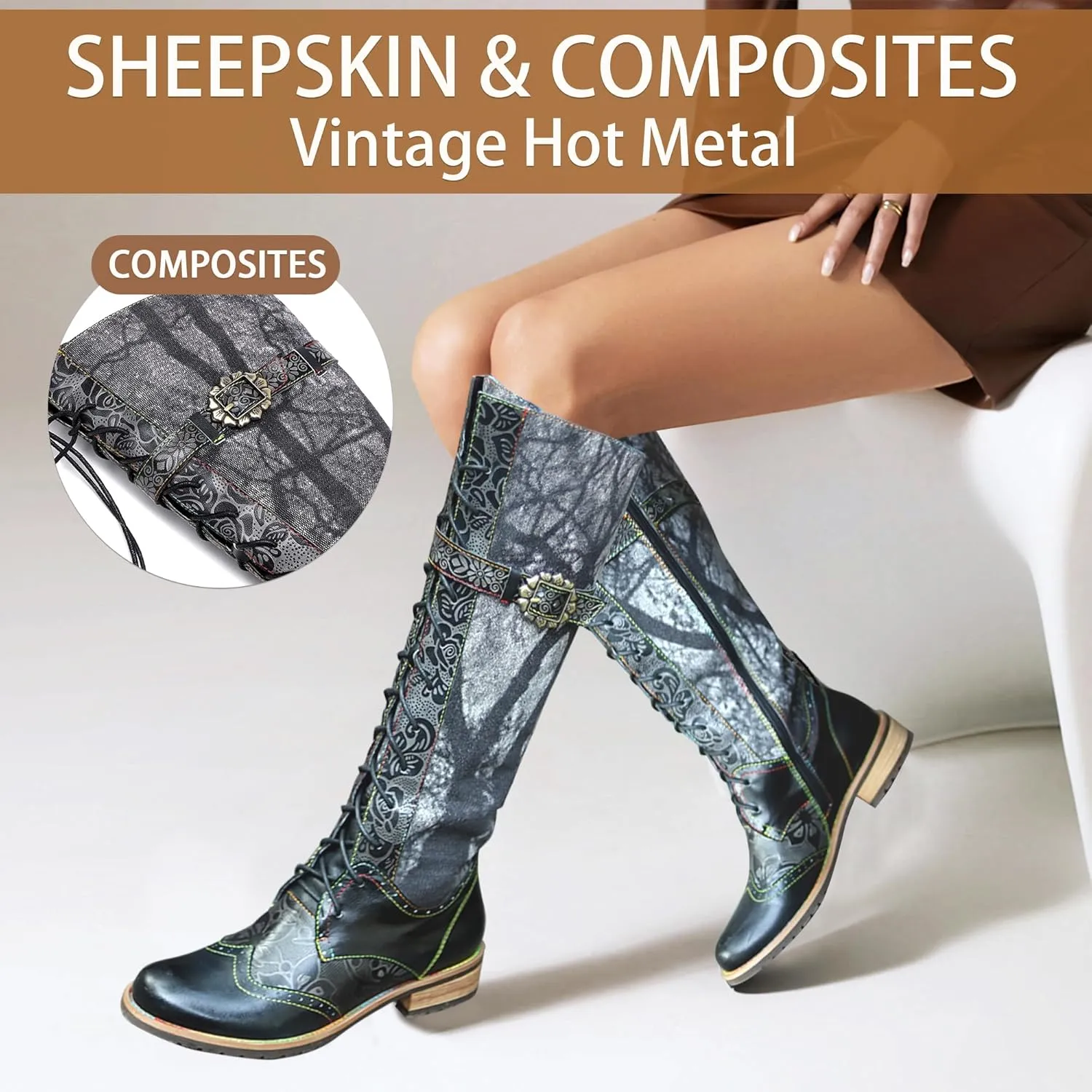 Artisan Handmade Women's Cowboy and Knight Boots - High Heels and Flat Bottoms Genuine Sheepskin, Ethnic and Vintage Style for Ladies and Girls