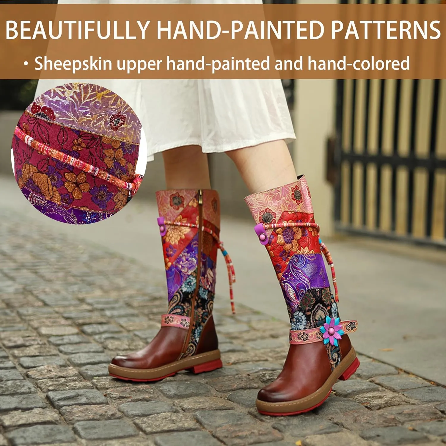 Artisan Handmade Women's Cowboy and Knight Boots - High Heels and Flat Bottoms Genuine Sheepskin, Ethnic and Vintage Style for Ladies and Girls
