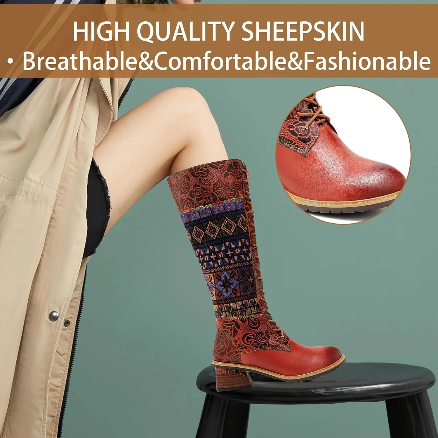 Artisan Handmade Women's Cowboy and Knight Boots - High Heels and Flat Bottoms Genuine Sheepskin, Ethnic and Vintage Style for Ladies and Girls