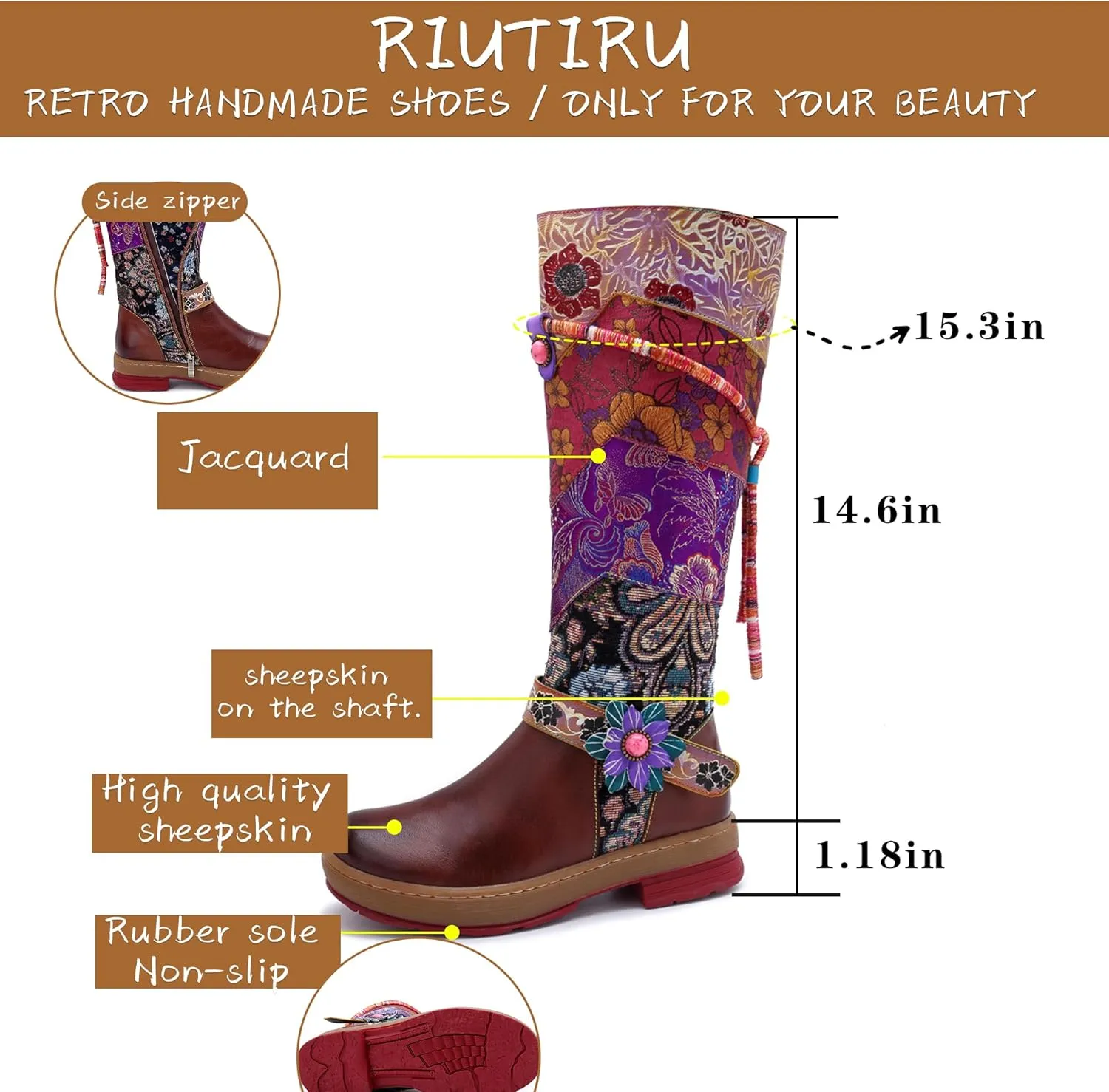 Artisan Handmade Women's Cowboy and Knight Boots - High Heels and Flat Bottoms Genuine Sheepskin, Ethnic and Vintage Style for Ladies and Girls