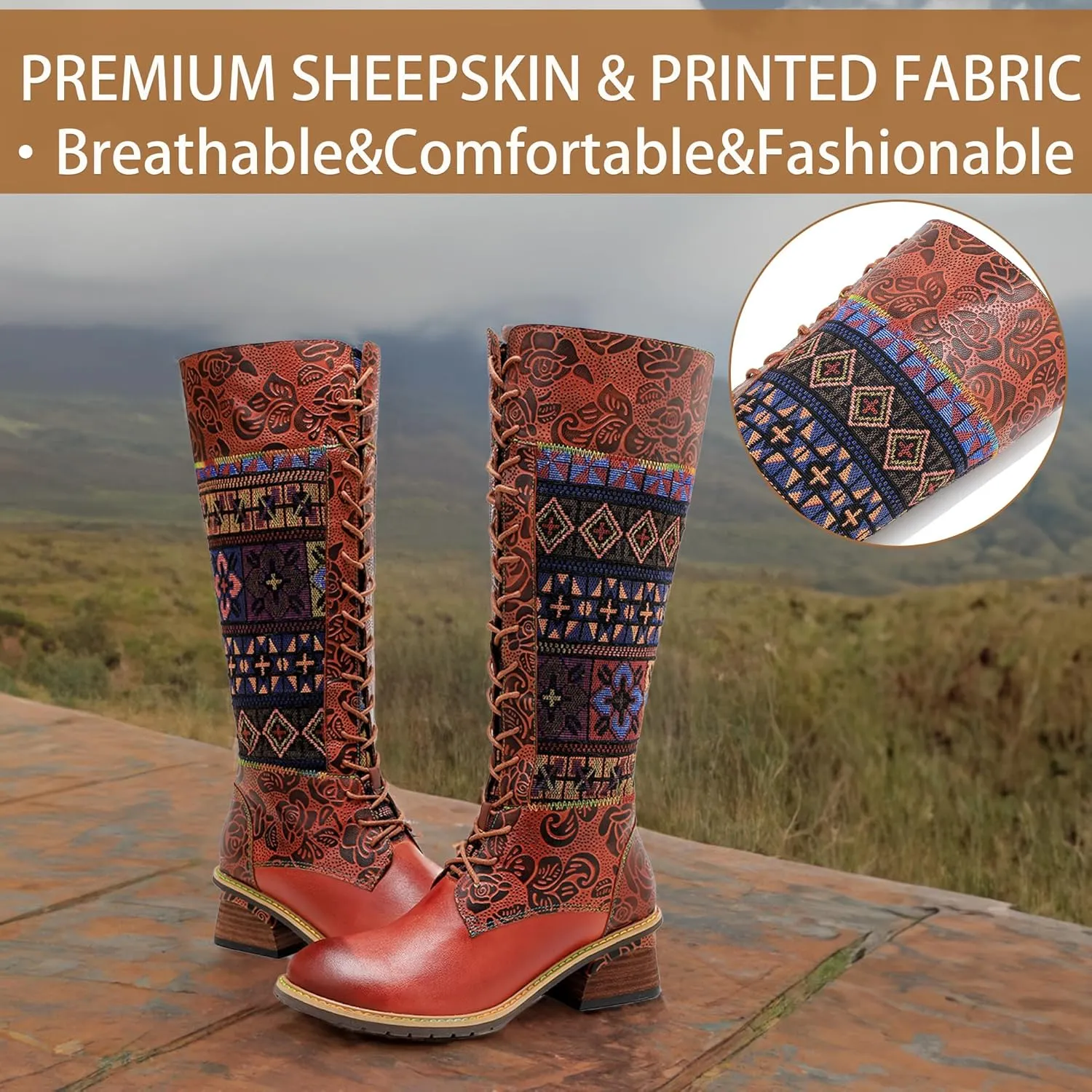 Artisan Handmade Women's Cowboy and Knight Boots - High Heels and Flat Bottoms Genuine Sheepskin, Ethnic and Vintage Style for Ladies and Girls