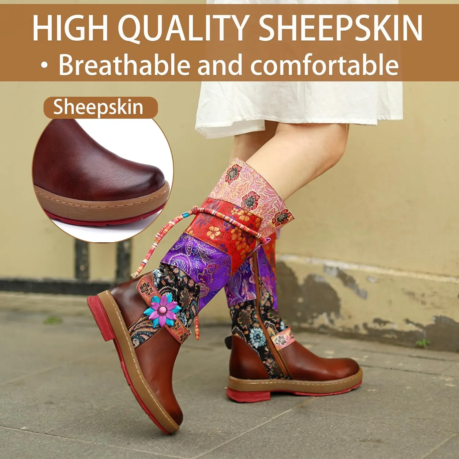 Artisan Handmade Women's Cowboy and Knight Boots - High Heels and Flat Bottoms Genuine Sheepskin, Ethnic and Vintage Style for Ladies and Girls