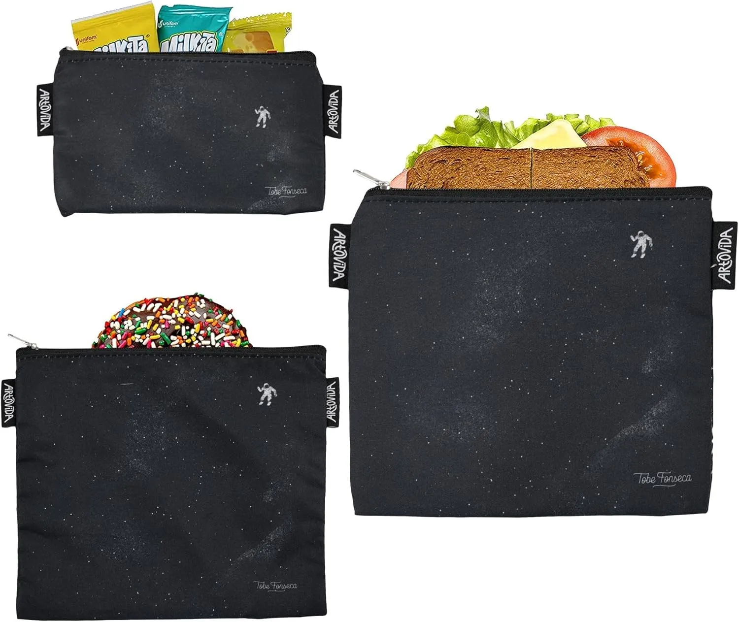 Artists Collective Reusable Lunch Baggies | Snack and Sandwich Bags with Zipper - Improved Dual Layer Design by Tobe Fonseca (Brazil) "Gravity"