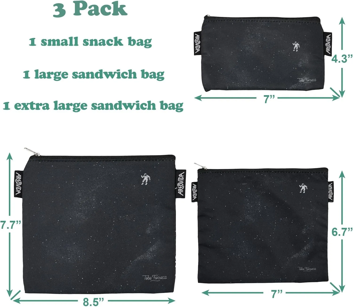 Artists Collective Reusable Lunch Baggies | Snack and Sandwich Bags with Zipper - Improved Dual Layer Design by Tobe Fonseca (Brazil) "Gravity"