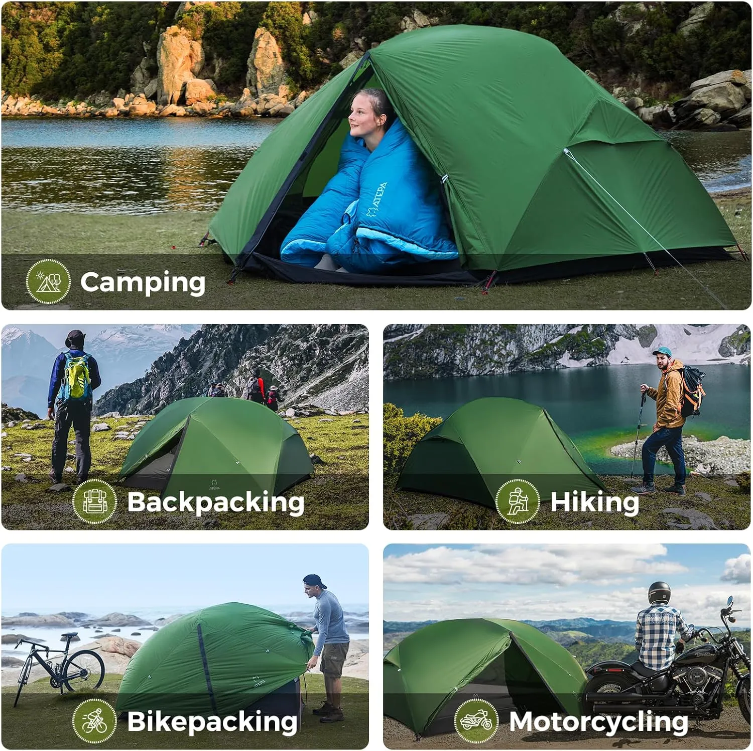 ATEPA Ultralight Backpacking Tent, 2 Person 1 Person Nylon Lightweight 4000MM  Waterproof Windproof Portable Tent with Aluminum Frame & Rainfly for Backpacking Hiking Camping Motorcycle, 4 Season