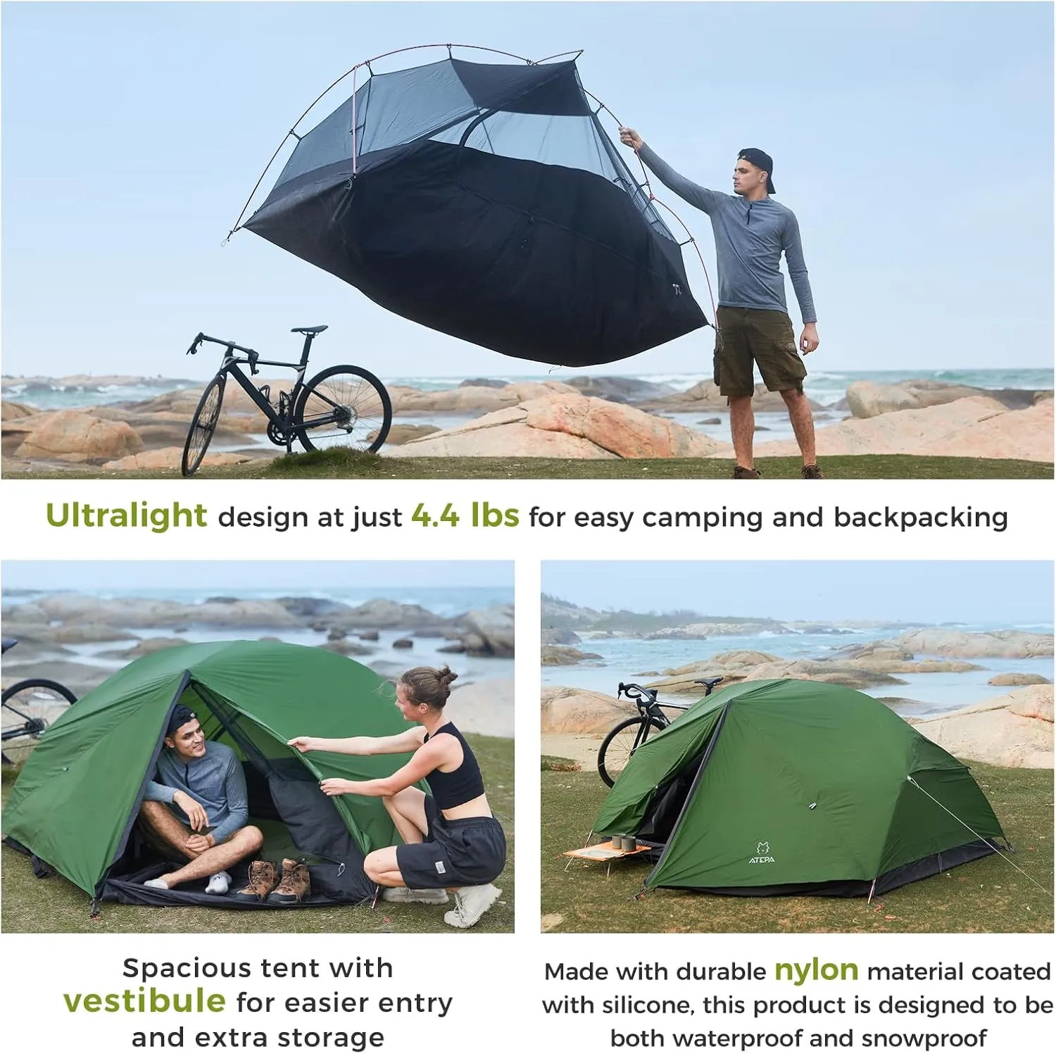 ATEPA Ultralight Backpacking Tent, 2 Person 1 Person Nylon Lightweight 4000MM  Waterproof Windproof Portable Tent with Aluminum Frame & Rainfly for Backpacking Hiking Camping Motorcycle, 4 Season