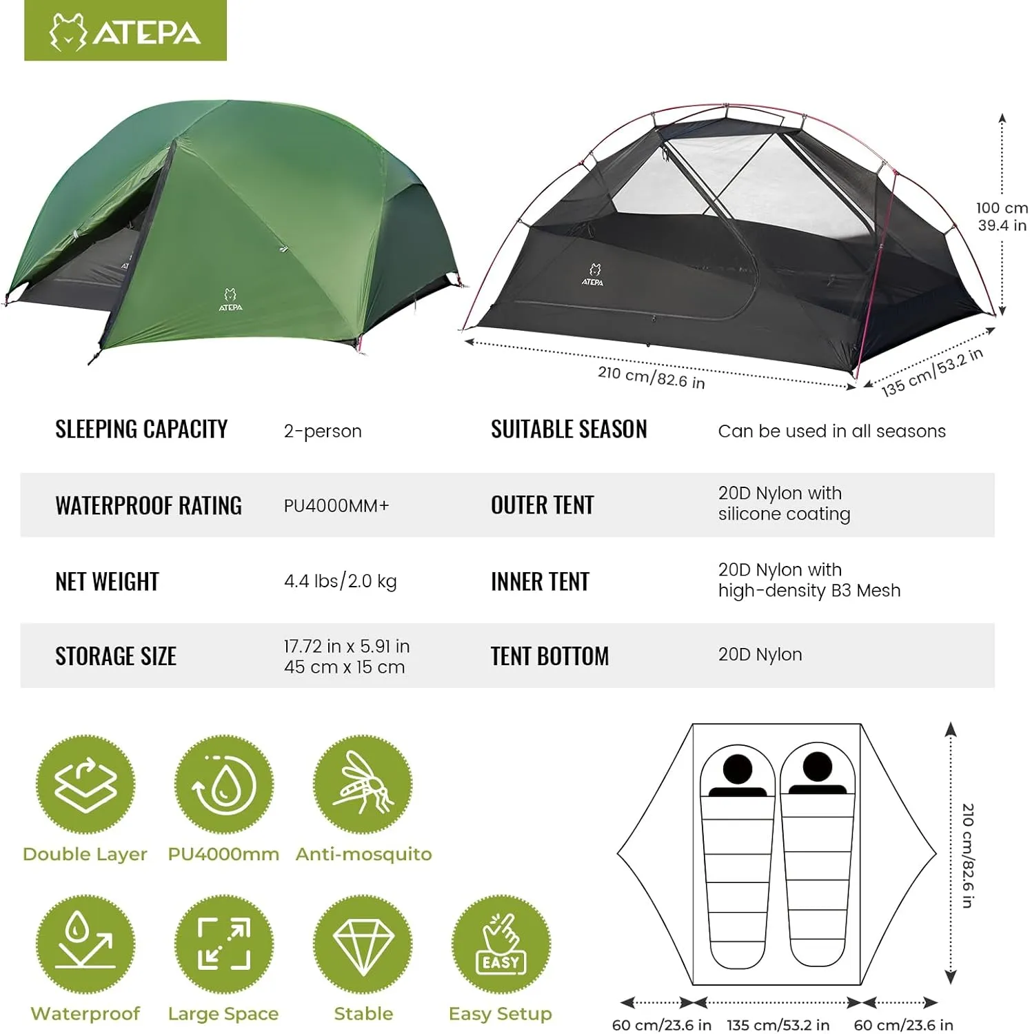 ATEPA Ultralight Backpacking Tent, 2 Person 1 Person Nylon Lightweight 4000MM  Waterproof Windproof Portable Tent with Aluminum Frame & Rainfly for Backpacking Hiking Camping Motorcycle, 4 Season